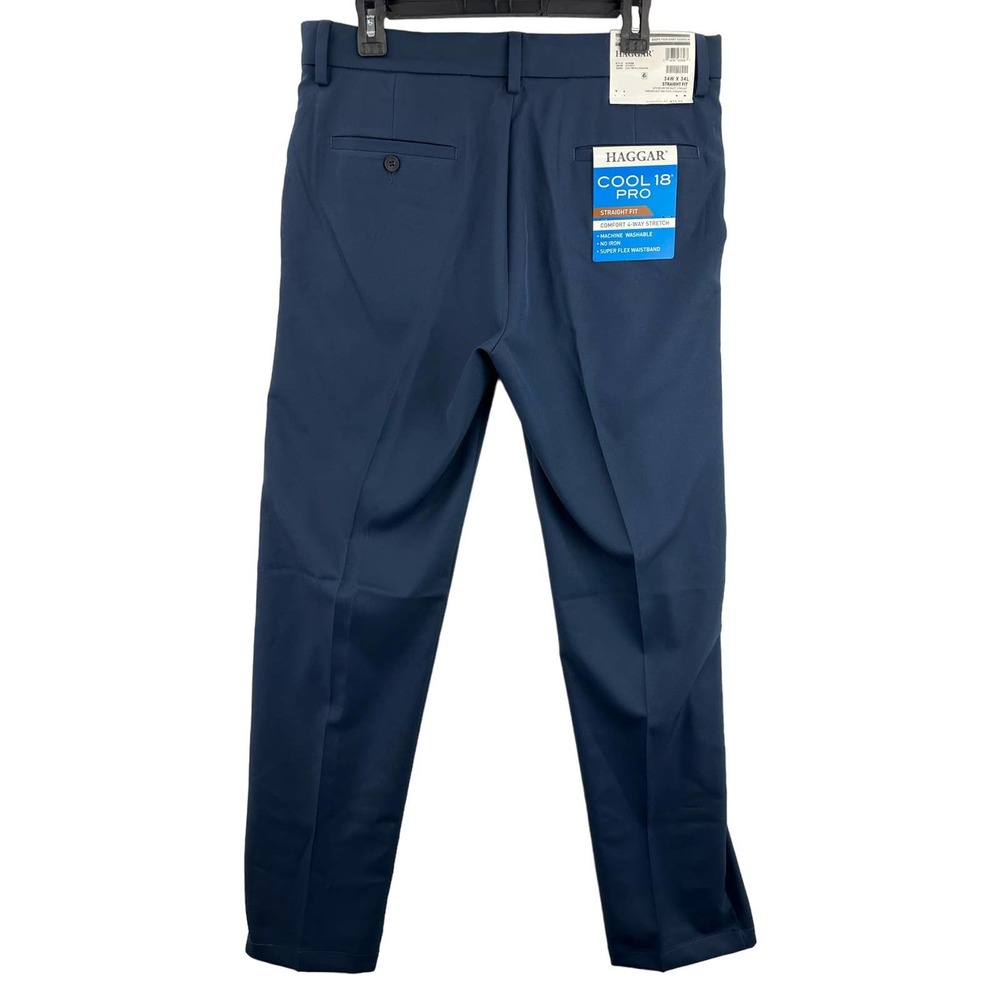 HAGGAR Men's Cool 18 PRO Blue Stretch Straight Fit Flat Front Dress Pants 34x34 - Picture 8 of 10